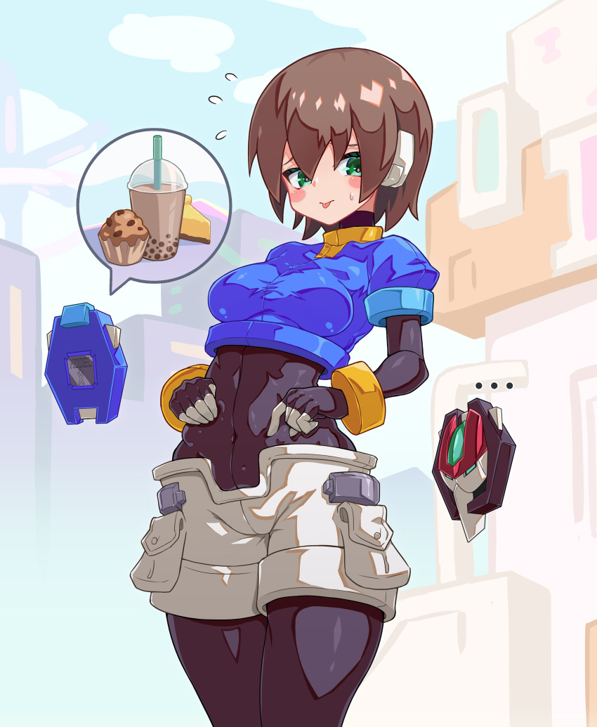 ... 1girl absurdres aile_(mega_man_zx) black_bodysuit blue_jacket blush_stickers bodysuit breasts brown_hair bubble_tea cheesecake food gd._fengzi green_eyes highres jacket mega_man_(series) mega_man_zx model_x_(mega_man) model_z_(mega_man) muffin short_hair shorts small_breasts speech_bubble white_shorts