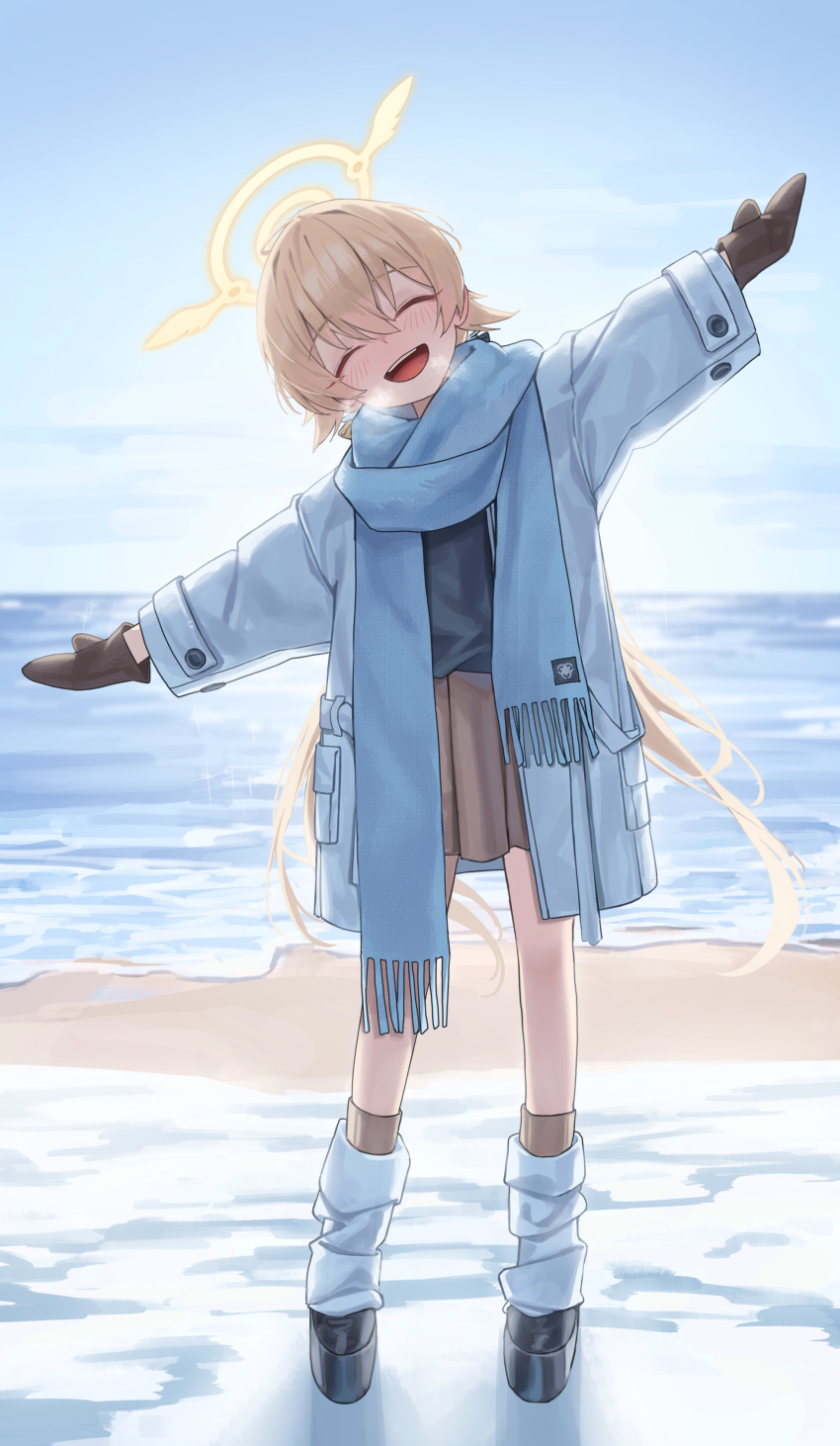 1girl ^_^ absurdres beach black_footwear black_shirt blue_archive blue_scarf blush brown_mittens closed_eyes coat dark_skin full_body halo head_tilt hifumi_(blue_archive) highres light_brown_hair long_hair loose_socks mansu_(user_pnmp4287) mittens open_clothes open_coat outdoors outstretched_arms scarf shirt smile snow socks solo teeth twintails upper_teeth_only very_long_hair white_coat white_socks