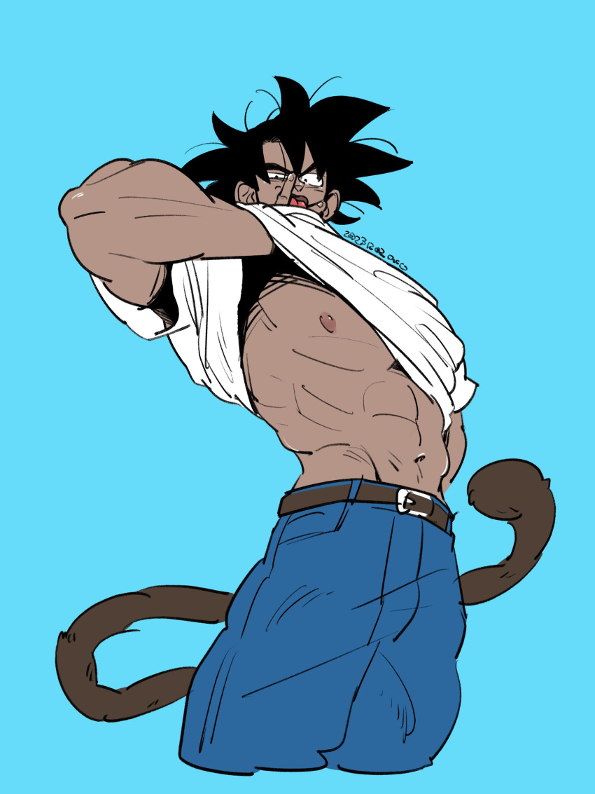 1boy abs absurdres aco_(aco_rz) bara bare_pectorals black_hair clothes_lift covering_mouth cropped_legs dragon_ball dragon_ball_z from_below guilty_challenge_(meme) hand_in_clothes hand_over_own_mouth hand_under_clothes hand_under_shirt highres large_pectorals looking_at_viewer male_focus mature_male meme monkey_tail muscular muscular_male navel nipples pants pectorals sanpaku shirt shirt_lift short_hair simple_background solo spiked_hair stomach tail thick_eyebrows tullece v-taper