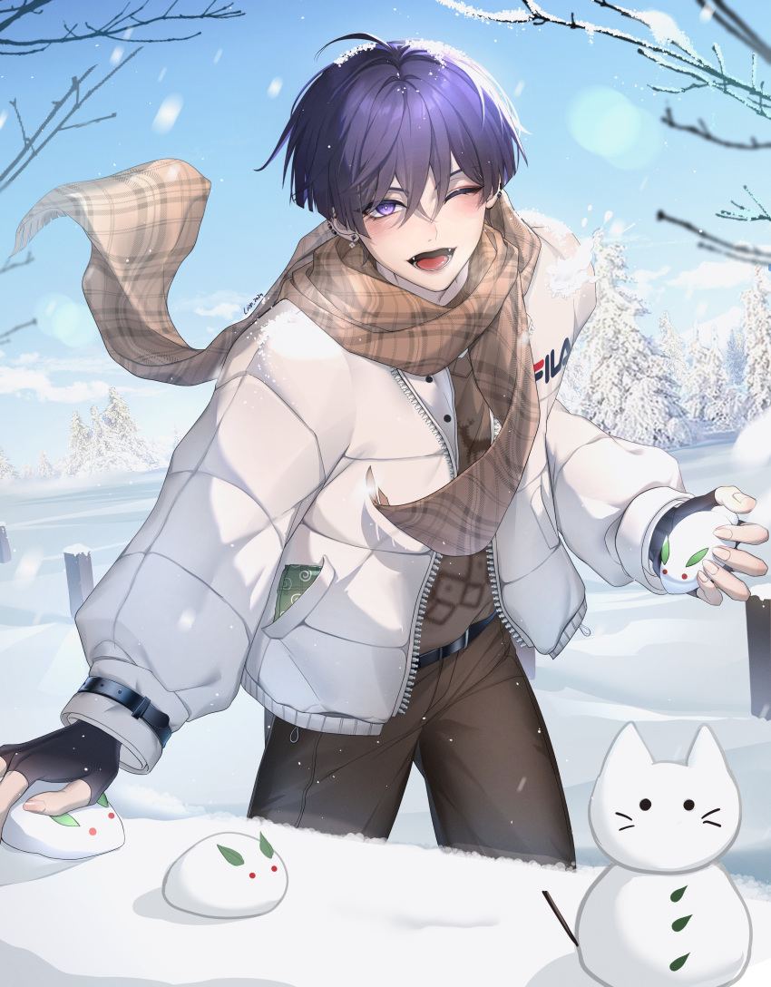 1boy absurdres alternate_costume belt black_gloves brown_pants brown_scarf brown_shirt fingerless_gloves genshin_impact gloves hair_between_eyes highres jacket lion_2929 long_sleeves looking_at_viewer male_focus one_eye_closed open_mouth pants purple_eyes purple_hair scaramouche_(genshin_impact) scarf shirt short_hair smile snow snow_cat solo tree white_jacket