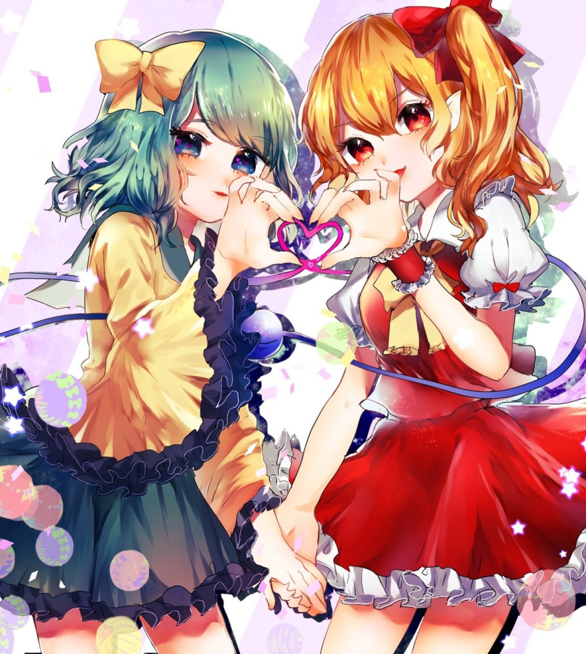 2girls blonde_hair blue_eyes bow collar collared_shirt confetti cowboy_shot eyelashes flandre_scarlet frilled_shirt_collar frilled_skirt frilled_sleeves frills green_collar green_hair green_skirt hair_bow heart heart_hands heart_hands_duo heart_of_string highres holding_hands komeiji_koishi light_blush long_sleeves looking_at_viewer medium_hair miniskirt multiple_girls no_headwear one_side_up open_mouth pointy_ears puffy_short_sleeves puffy_sleeves purple_background red_bow red_eyes red_skirt red_vest shadow shirt short_sleeves skirt skirt_set sleeve_bow smile starry_background striped striped_background suzune_hapinesu third_eye touhou two-tone_background vest white_background white_shirt white_sleeves wide_sleeves yellow_bow yellow_shirt yellow_sleeves