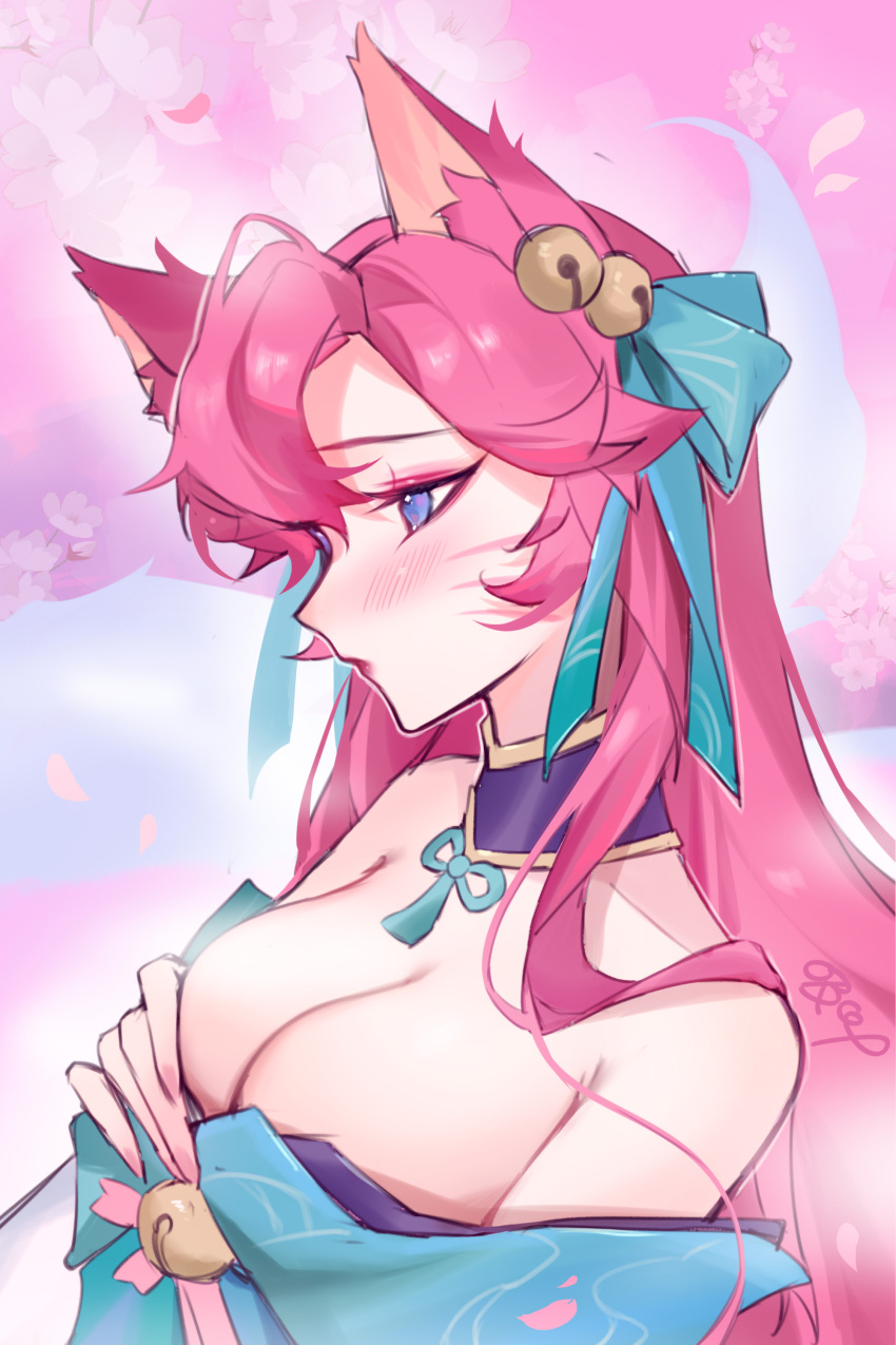 1girl absurdres ahri_(league_of_legends) animal_ears bare_shoulders bell blush bow breasts cleavage closed_mouth fox_ears fox_girl from_side green_bow green_ribbon hair_bell hair_between_eyes hair_bow hair_ornament hand_up highres large_breasts league_of_legends long_hair neck_ribbon petals pink_background pink_hair ribbon solo spirit_blossom_ahri xi_ye_(xiyexiexie)
