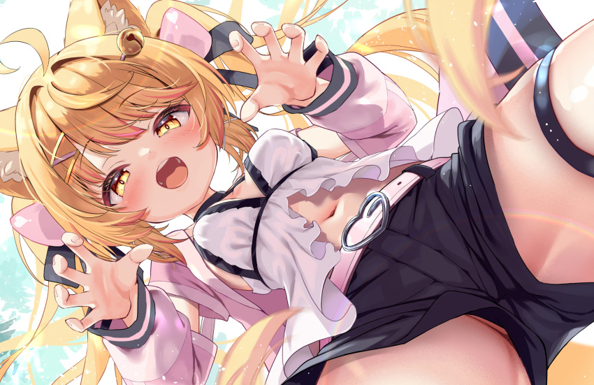 1girl ahoge animal_ear_fluff animal_ears bell belt black_ribbon black_shorts blonde_hair blush borrowed_character bow breasts breasts_apart cat_ears cat_girl chemise commentary commission detached_sleeves from_below gao hair_bell hair_bow hair_ornament hair_ribbon highres legs_apart long_hair long_sleeves looking_at_viewer medium_breasts midriff multicolored_hair nose nyahu_(nyahu_77) open_mouth original outdoors partially_visible_vulva pink_bow red_hair ribbon romaji_commentary shorts skeb_commission solo spread_legs standing teeth thigh_strap tongue twintails two-tone_hair upper_teeth_only white_chemise yellow_eyes