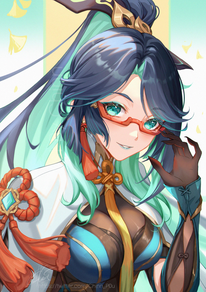 1girl absurdres aqua_eyes aqua_hair aqua_lips blue_hair breasts capelet chinnpou colored_inner_hair commentary_request genshin_impact glasses grin hand_up highres looking_at_viewer medium_breasts multicolored_hair parted_lips red-framed_eyewear smile solo upper_body white_capelet xianyun_(genshin_impact)