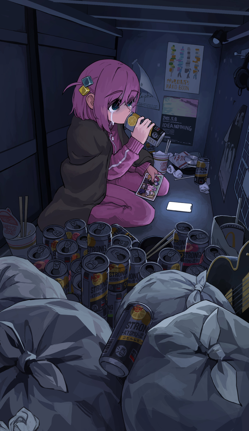 1girl absurdres alcohol beer beer_can blanket blue_eyes bocchi_the_rock! can cellphone chopsticks commentary_request crying crying_with_eyes_open cup_ramen desk_lamp drinking dvd_(object) gotoh_hitori guitar highres holding holding_photo ijichi_nijika indoors instrument jacket kita_ikuyo lamp long_hair long_sleeves osakechan0 pants phone photo_(object) pink_hair pink_jacket pink_pants sitting smartphone solo tears track_jacket trash trash_bag used_tissue yamada_ryo