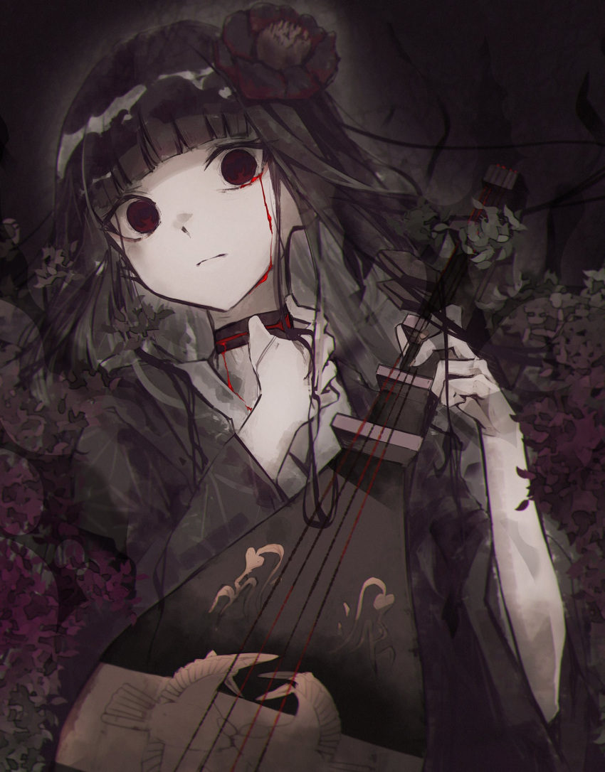 1girl biwa_lute black_hair blood blood_from_eyes e_ixion fate/grand_order fate_(series) flower hair_flower hair_ornament hand_on_own_neck highres hime_cut instrument komahime_(fate) long_hair lute_(instrument) red_eyes spot_color