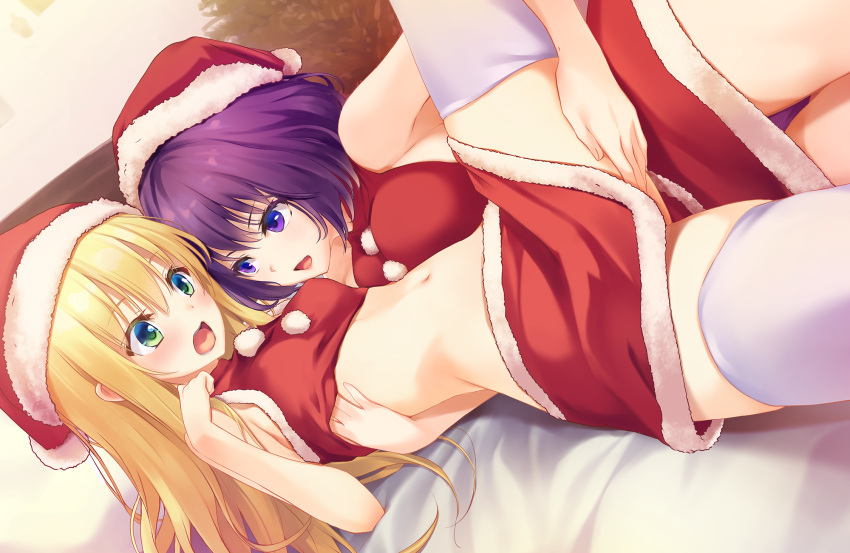 2girls bare_shoulders blonde_hair breasts christmas crop_top dress fur-trimmed_dress fur-trimmed_headwear fur-trimmed_skirt fur_trim green_eyes hand_on_another's_leg hat highres ichikawa_noa indoors large_breasts long_hair looking_at_another medium_breasts multiple_girls navel on_bed original purple_eyes purple_hair red_headwear santa_costume santa_dress santa_hat short_hair skirt sleeveless smile spread_legs stomach thighhighs white_thighhighs yuri zettai_ryouiki