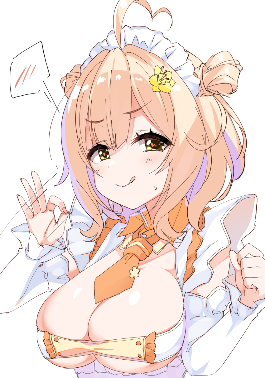 1girl :q ahoge anto_mel apron aria_(koiiroharemoyou) blush breasts cleavage clenched_hand closed_mouth detached_sleeves double_bun eyelashes fellatio_gesture flower green_eyes hair_between_eyes hair_bun hair_flower hair_ornament hands_up heart heart-shaped_pupils heart_ahoge highres huge_breasts indie_virtual_youtuber looking_at_viewer maid maid_apron maid_headdress medium_hair motion_lines naughty_face necktie orange_hair orange_necktie short_necktie shy simple_background sketch sleeves_past_wrists smile solo spoken_blush sweatdrop symbol-shaped_pupils tongue tongue_out two_side_up upper_body v-shaped_eyebrows virtual_youtuber white_background yellow_flower
