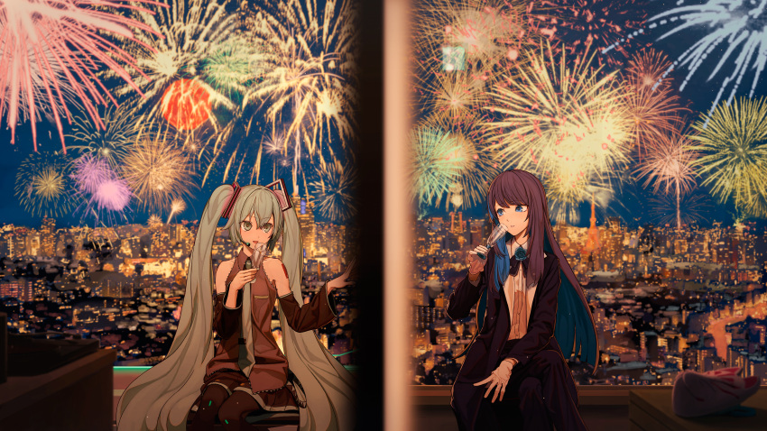 2girls absurdres ado_(utaite) aerial_fireworks aqua_eyes aqua_hair aqua_necktie bare_shoulders black_bow black_bowtie black_coat black_hair black_thighhighs blue_eyes blue_flower blue_hair blue_rose bow bowtie champagne_flute chando_(ado) city_lights closed_mouth cloud_nine_inc coat colored_inner_hair commentary_request crossed_legs cup detached_sleeves dress_shirt drinking_glass earpiece exit_sign fireworks flower flower_brooch fox_mask gloves grey_shirt hair_between_eyes hatsune_miku highres holding holding_cup long_hair long_sleeves mask moon multicolored_hair multiple_girls necktie night open_clothes open_coat reflection rose shirt sitting sky sleeveless sleeveless_shirt star_(sky) starry_sky thighhighs tokyo_(city) tokyo_tower tokyo_wa_yoru_(vocaloid) turu twintails two-tone_hair utaite vocaloid white_gloves white_shirt