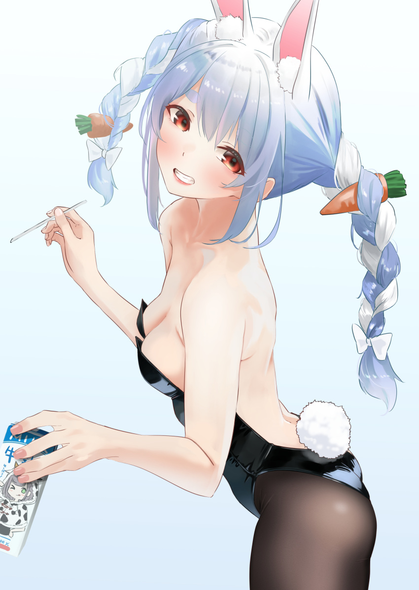 1girl absurdres animal_ears ass bare_shoulders blue_hair bow braid breasts carrot_hair_ornament drinking_straw food-themed_hair_ornament hair_bow hair_ornament highres holding hololive leotard looking_at_viewer medium_breasts milk_carton multicolored_hair pantyhose pink_eyes playboy_bunny rabbit_ears rabbit_tail smile solo strapless strapless_leotard tail tama_(tamago) twin_braids usada_pekora virtual_youtuber white_hair