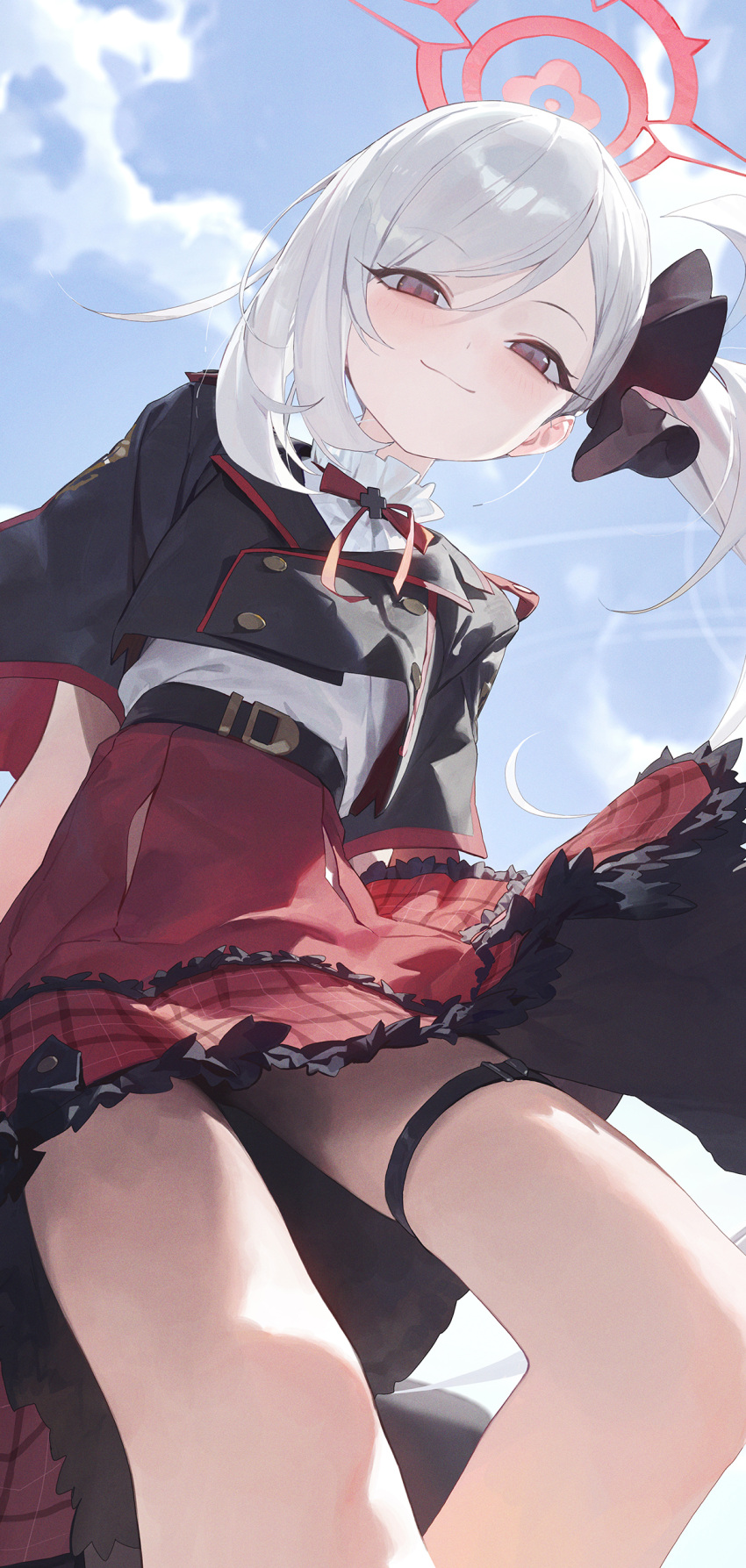 1girl absurdres bare_legs belt_buckle black_jacket blue_archive blush buckle commentary cropped_jacket feet_out_of_frame from_below grey_hair halo highres jacket light_smile looking_at_viewer modare mutsuki_(blue_archive) outdoors petticoat red_eyes red_skirt shirt shirt_tucked_in side_ponytail skirt solo thigh_strap white_shirt