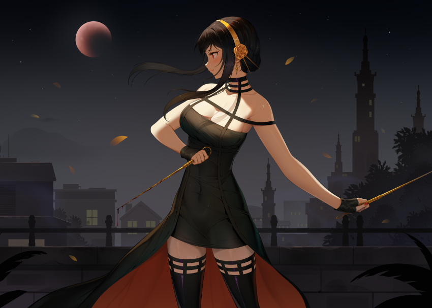 1girl absurdres bare_shoulders black_choker black_dress black_gloves black_hair black_thighhighs blood blood_on_weapon blush breasts building choker cityscape cleavage collarbone commentary_request covered_navel dagger dress earrings fingerless_gloves gloves gold_earrings gold_hairband hair_up hairband highres holding holding_weapon jewelry knife large_breasts leaf moon night night_sky outdoors red_eyes red_nails sidelocks sky skyscraper sleeveless sleeveless_dress solo sonikey0_0 spy_x_family standing stiletto_(weapon) thighhighs two-sided_dress two-sided_fabric weapon wind yor_briar zettai_ryouiki