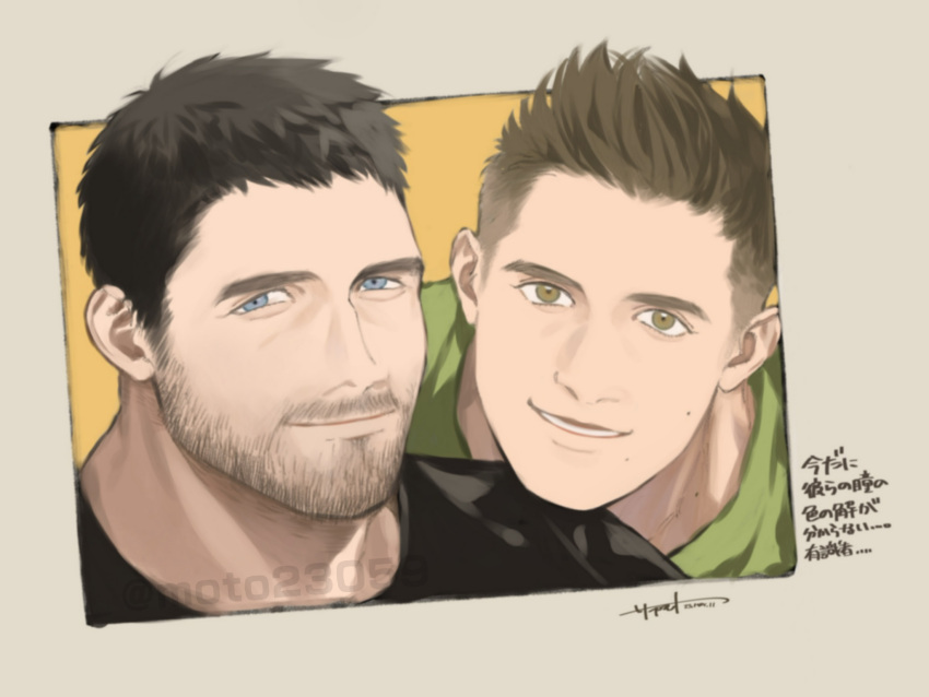 2boys bara beard black_hair black_shirt blue_eyes brown_hair chris_redfield closed_mouth facial_hair green_eyes green_shirt head_on_another's_shoulder highres looking_at_viewer male_focus mature_male moto23059 multiple_boys mustache neckbeard piers_nivans resident_evil resident_evil_6 shirt short_hair smile spiked_hair thick_eyelashes translation_request undercut
