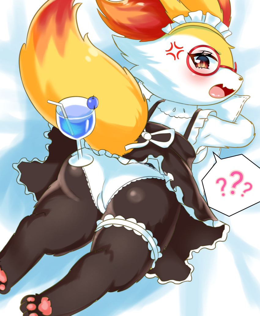 1girl :3 ? ?? absurdres anger_vein angry animal_ear_fluff animal_ears animal_feet animal_nose ass barefoot bed_sheet black_dress black_fur blueberry body_fur braixen breasts bridal_garter clothed_pokemon commentary dress drink drinking_straw embarrassed fang feet food fox_ears fox_girl fox_tail frilled_dress frilled_shirt frills from_behind fruit furry furry_female glasses highres hugging_object katadora looking_at_viewer looking_back lying maid maid_headdress multicolored_fur on_stomach open_mouth panties pawpads pillow pillow_hug pinafore_dress pince-nez pokemon pokemon_(creature) red-framed_eyewear red_eyes round_eyewear shirt skin_fang sleeveless sleeveless_dress sleeveless_shirt small_breasts snout soles solo speech_bubble spoken_question_mark tail thick_thighs thighs underwear white_background white_fur white_panties white_shirt yellow_fur