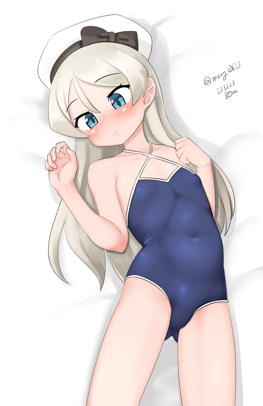 1girl absurdres ass_visible_through_thighs blue_eyes blue_one-piece_swimsuit breasts competition_school_swimsuit covered_navel cowboy_shot criss-cross_halter grey_hair hair_between_eyes halterneck hat highres javelin_(kancolle) kantai_collection long_hair loose_hair_strand lying maru_(marg0613) one-hour_drawing_challenge one-piece_swimsuit sailor_hat school_swimsuit small_breasts solo swimsuit white_headwear