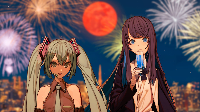 2girls absurdres ado_(utaite) aerial_fireworks aqua_eyes aqua_hair aqua_necktie bare_shoulders black_bow black_bowtie black_coat black_hair blue_eyes blue_flower blue_hair blue_rose blurry blurry_background bow bowtie champagne_flute chando_(ado) city_lights closed_mouth cloud_nine_inc coat colored_inner_hair commentary_request cup detached_sleeves dress_shirt drinking_glass earpiece fireworks flower flower_brooch grey_shirt hair_between_eyes hatsune_miku highres holding holding_cup long_hair long_sleeves moon multicolored_hair multiple_girls necktie night open_clothes open_coat rose shirt sky sleeveless sleeveless_shirt star_(sky) starry_sky tokyo_(city) tokyo_tower tokyo_wa_yoru_(vocaloid) turu twintails two-tone_hair utaite vocaloid white_shirt