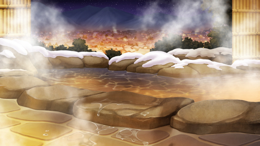 bamboo_fence fence film_grain game_cg izumi_tsubasu mountainous_horizon night night_sky no_humans non-web_source official_art onsen re:stage! rock scenery sky snow star_(sky) starry_sky steam town water