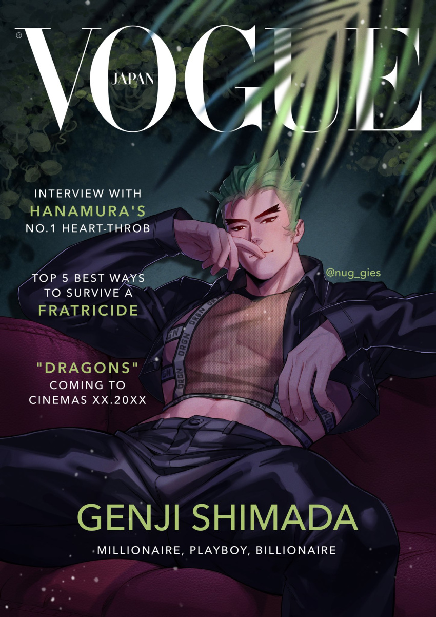 1boy artist_name black_eyes black_jacket black_pants breasts cleavage colored_skin couch cover english_text fake_magazine_cover genji_(overwatch) grey_hair highres jacket leaf magazine_cover male_focus muscular muscular_male nuggies_(nug_gies) on_couch overwatch palm_leaf pants see-through see-through_cleavage short_hair smile solo white_skin