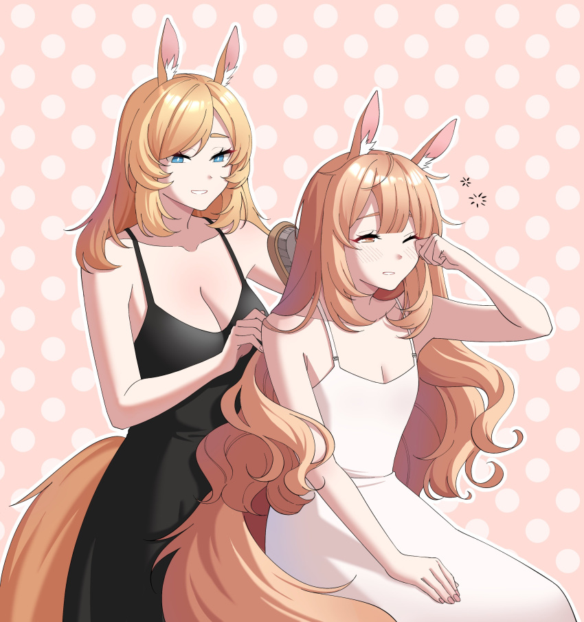 2girls absurdres animal_ears arknights avi_(baltika_seven) bare_shoulders black_dress blemishine_(arknights) blonde_hair blue_eyes blush breasts bright_pupils brushing_another's_hair brushing_hair cleavage dotted_background dress highres horse_ears horse_girl horse_tail long_hair medium_breasts multiple_girls rubbing_eyes simple_background sitting sleep_bubble sleeveless sleeveless_dress small_breasts smile spaghetti_strap tail very_long_hair whislash_(arknights) white_dress white_pupils yellow_eyes