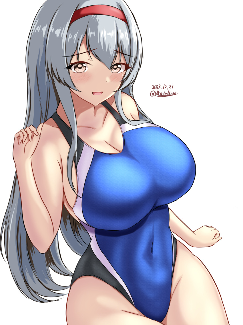 1girl black_one-piece_swimsuit blue_one-piece_swimsuit blush breasts brown_eyes competition_swimsuit covered_navel cowboy_shot dated hairband headband highleg highleg_swimsuit highres kantai_collection large_breasts long_hair looking_at_viewer montemasa one-hour_drawing_challenge one-piece_swimsuit shoukaku_(kancolle) simple_background smile solo swimsuit twitter_username two-tone_swimsuit white_background white_hair