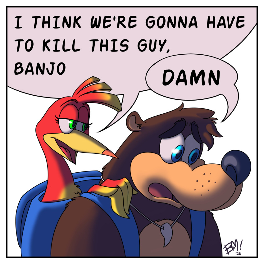 2023 anthro avian bananameteor banjo-kazooie banjo_(banjo-kazooie) bear blue_eyes breegull clothed clothing dialogue duo english_text female green_eyes hand_over_shoulder hi_res humor i_think_we're_gonna_have_to_kill_this_guy kazooie male mammal meme profanity rareware sad signature simple_background speech_bubble text