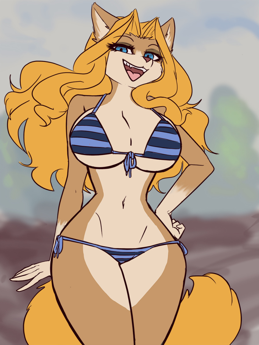 2023 3:4 anthro big_breasts bikini blonde_hair blue_bikini blue_bikini_bottom blue_bikini_top blue_clothing blue_eyes blue_swimwear blurred_background breasts brown_body brown_fur cheese_quesadilla clothing felid female fur general-irrelevant hair hand_on_hip hi_res looking_at_viewer mammal open_mouth pattern_bikini pattern_clothing pattern_swimwear smile solo striped_bikini striped_clothing striped_swimwear stripes swimwear