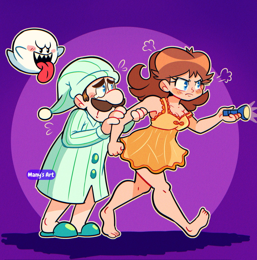 1boy 1girl angry arm_grab bare_arms bare_legs bare_shoulders barefoot blue_eyes boo_(mario) brown_hair camisole collarbone facial_hair flashlight frown green_headwear green_pajamas hat hiding hiding_behind_another highres holding holding_flashlight long_eyelashes luigi manysart1 mario_(series) meddy.exe_(mega_man) mustache nightcap orange_camisole orange_hair orange_nightgown pajamas princess_daisy protecting purple_background scared see-through_silhouette sharp_teeth slippers teardrop teeth tongue tongue_out wavy_hair