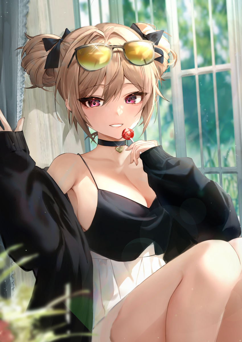 1girl absurdres alternate_costume bare_shoulders black_choker blue_jacket blush breasts brown_hair candy choker cleavage collarbone commentary_request day double_bun eyewear_on_head food girls'_frontline hair_bun highres holding holding_candy holding_food holding_lollipop indoors jacket large_breasts lollipop long_sleeves looking_at_viewer open_clothes open_jacket p90_(girls'_frontline) polla purple_eyes sitting skirt smile solo sunglasses white_skirt window