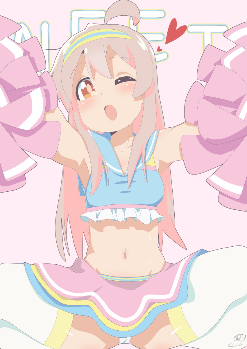 1girl ;o absurdres ahoge bare_arms blue_sailor_collar brown_eyes cheerleader commentary crop_top foreshortening frills hair_between_eyes hairband heart highres kebakebasan light_blush long_hair looking_at_viewer midriff miniskirt navel official_alternate_costume one_eye_closed onii-chan_wa_oshimai! oyama_mahiro panties pink_background pink_hair pink_skirt pom_pom_(cheerleading) sailor_collar sidelocks signature simple_background skirt solo spread_legs squatting thighhighs underwear white_panties white_thighhighs
