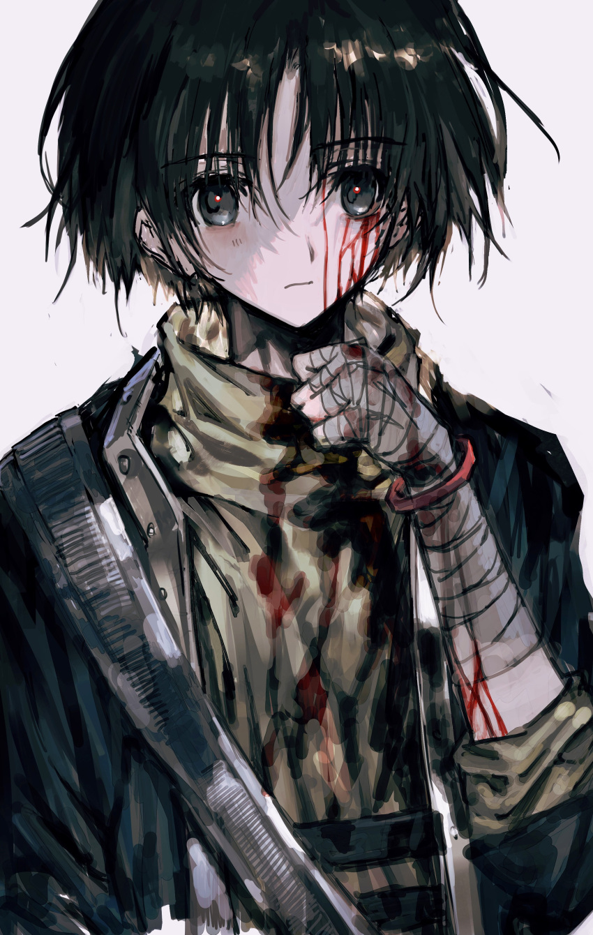 1boy absurdres bandaged_hand bandages baroque_(series) black_coat black_hair bleeding blood blood_on_face closed_mouth coat grey_eyes hand_up highres looking_at_viewer male_focus protagonist_(baroque) short_hair simple_background solo sweater torichikushou turtleneck upper_body white_background yellow_sweater