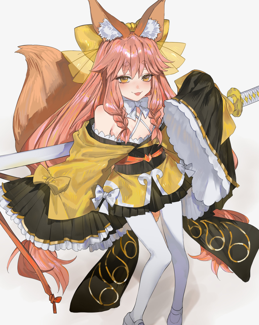 1girl absurdres animal_ear_fluff animal_ears bare_shoulders black_skirt bow braid breasts fate/samurai_remnant fate_(series) fox_ears fox_girl fox_tail hair_between_eyes hair_bow highres japanese_clothes katana kimono long_hair looking_at_viewer obi off_shoulder pantyhose pink_hair sash sidelocks skirt small_breasts smile solo sword tail tamamo_(fate) tamamo_aria_(fate) thighs twintails weapon white_pantyhose wide_sleeves yellow_bow yellow_eyes yellow_kimono yurumawari