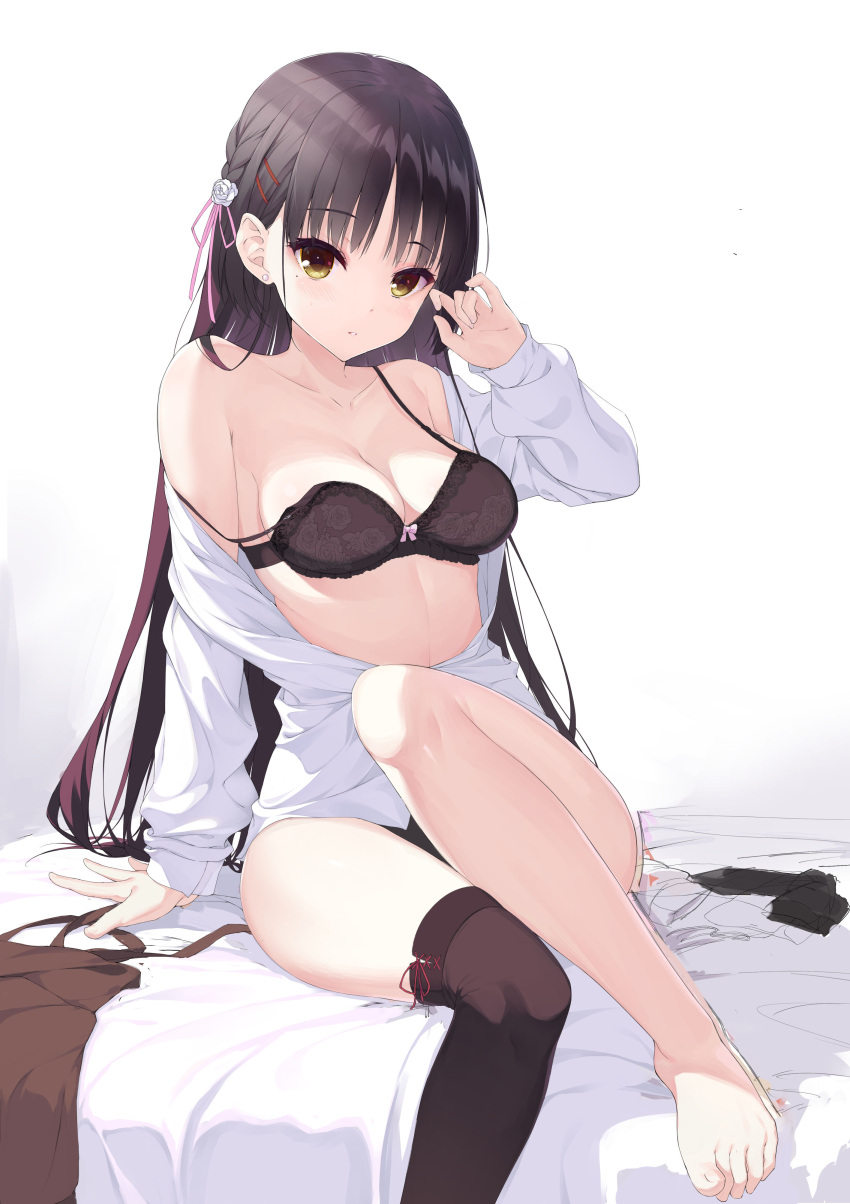 1girl absurdres arm_at_side arm_support bare_shoulders barefoot bed_sheet black_bra black_hair black_thighhighs blush bra braid breasts cafe_stella_to_shinigami_no_chou cleavage collarbone commentary convenient_leg earrings eyelashes floral_print flower foot_out_of_frame grey_background hair_between_eyes hair_flower hair_ornament hair_ribbon hairclip haku89 hand_up highres jewelry knee_up long_hair long_sleeves looking_at_viewer medium_breasts midriff mole mole_under_eye on_bed open_clothes open_shirt parted_lips pink_ribbon ribbon rose rose_print shiki_natsume shirt side_braid simple_background single_thighhigh sitting skirt solo straight_hair strap_slip stud_earrings suspender_skirt suspenders thighhighs thighs toes tsurime underwear unfinished unworn_skirt very_long_hair white_flower white_rose white_shirt yellow_eyes