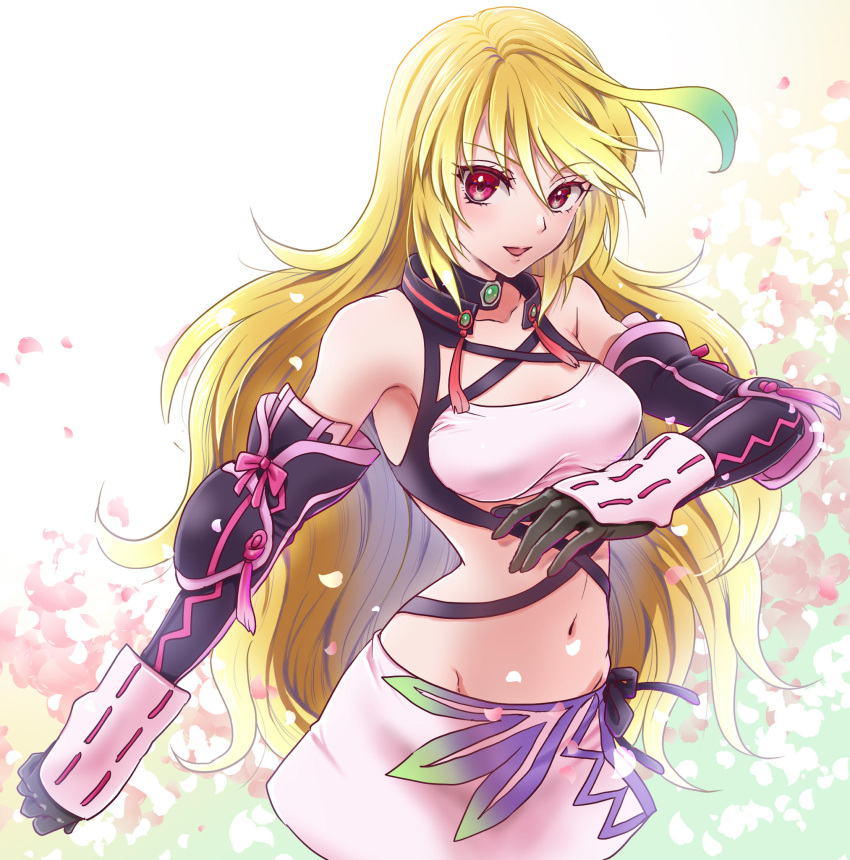 1girl :d bare_shoulders blonde_hair criss-cross_halter crop_top detached_sleeves gloves gradient_hair green_hair hair_between_eyes halterneck highres long_hair looking_at_viewer milla_maxwell multicolored_hair navel open_mouth petals red_eyes skirt smile solo tales_of_(series) tales_of_xillia umehime very_long_hair