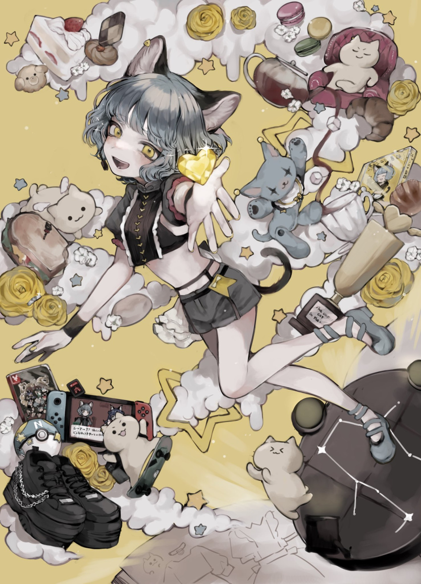 1girl animal_ears ankle_strap black_shirt blush book bread_bun cake cat_ears cat_girl cat_tail checkerboard_cookie cloud commentary constellation constellation_request cookie creature cropped_shirt cup denim denim_shorts faux_figurine flower food full_body game_cartridge glowing_book grey_footwear grey_hair heart-shaped_gem highres looking_at_viewer macaron manuka_x_x midriff nina_(valis) nintendo_switch object_floating_above_hand open_book open_mouth outstretched_arm outstretched_hand platform_footwear poke_ball puffy_short_sleeves puffy_sleeves rara_(valis) rose shirt shoes short_hair short_shorts short_sleeves shorts simple_background sinsekai_studio smile solo sparkle star_(symbol) strawberry_shortcake stuffed_animal stuffed_cat stuffed_toy symbol-only_commentary tail teacup trophy unworn_shoes valis_(sinsekai) video_game wristband yellow_background yellow_eyes yellow_flower yellow_rose