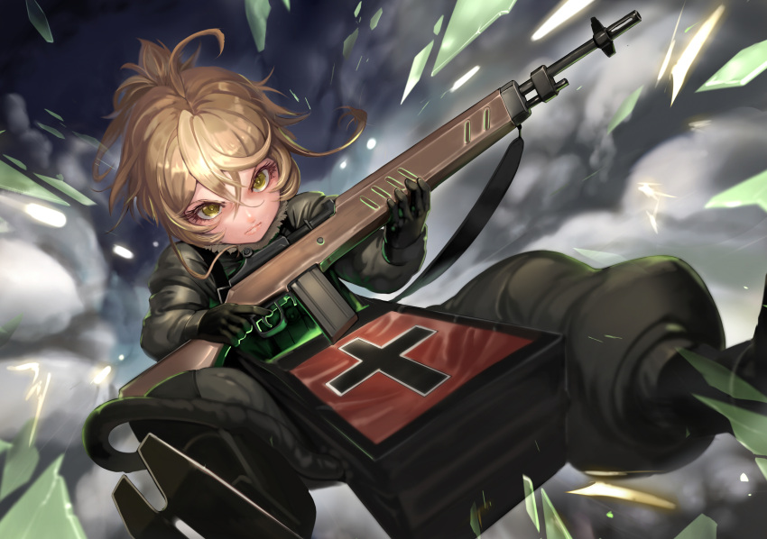 1girl black_gloves blonde_hair cross germany gloves gun highres iron_cross military military_uniform mondragon_rifle monokuro_(pixiv_25842095) rifle short_hair soldier tagme tanya_degurechaff uniform weapon world_war_ii youjo_senki