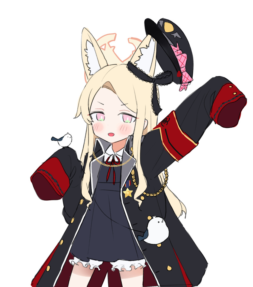 1girl aak absurdres animal_ears arm_up bird bird_on_hand black_coat black_dress black_headwear blonde_hair bloomers blue_archive blush coat commentary cosplay cowboy_shot dress extra_ears fox_ears fox_girl halo hat highres ibuki_(blue_archive) ibuki_(blue_archive)_(cosplay) long_sleeves looking_at_viewer military_hat military_uniform neck_ribbon open_mouth oversized_clothes peaked_cap pinafore_dress red_eyes red_ribbon ribbon seia_(blue_archive) shirt simple_background sketch sleeveless sleeveless_dress sleeves_past_fingers sleeves_past_wrists uniform white_background white_bloomers white_shirt yellow_halo