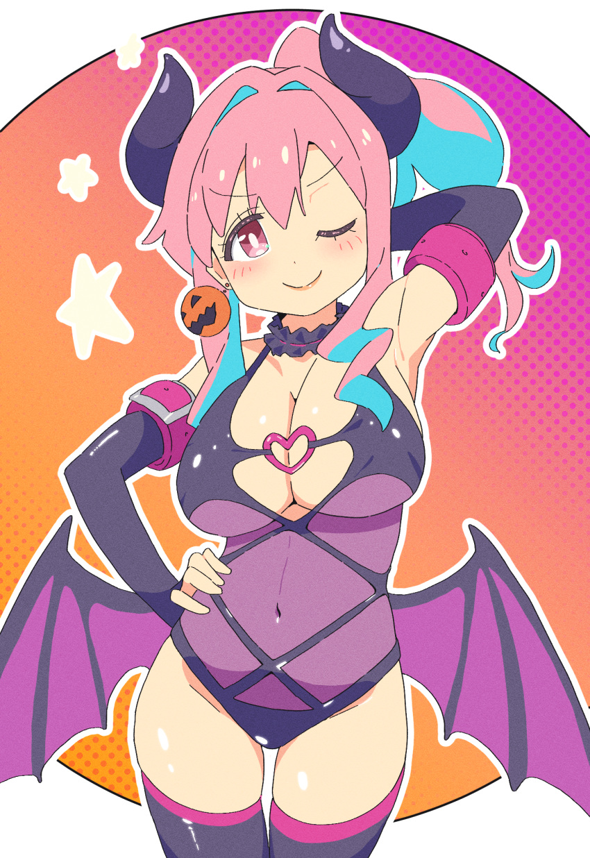 1girl ;) arm_behind_head arm_up armpits blue_hair breasts cleavage commentary cowboy_shot demon_costume demon_wings dot_nose earrings elbow_gloves fingerless_gloves food-themed_earrings gloves hair_between_eyes hair_intakes halloween_costume hand_on_own_hip heart_o-ring highres horns hozuki_kaede jewelry large_breasts leotard light_blush lipstick looking_at_viewer low_wings makeup navel noyama_takenoko one_eye_closed onii-chan_wa_oshimai! outline pink_eyes pink_hair ponytail pumpkin_earrings see-through see-through_leotard simple_background smile solo thighhighs white_outline wings