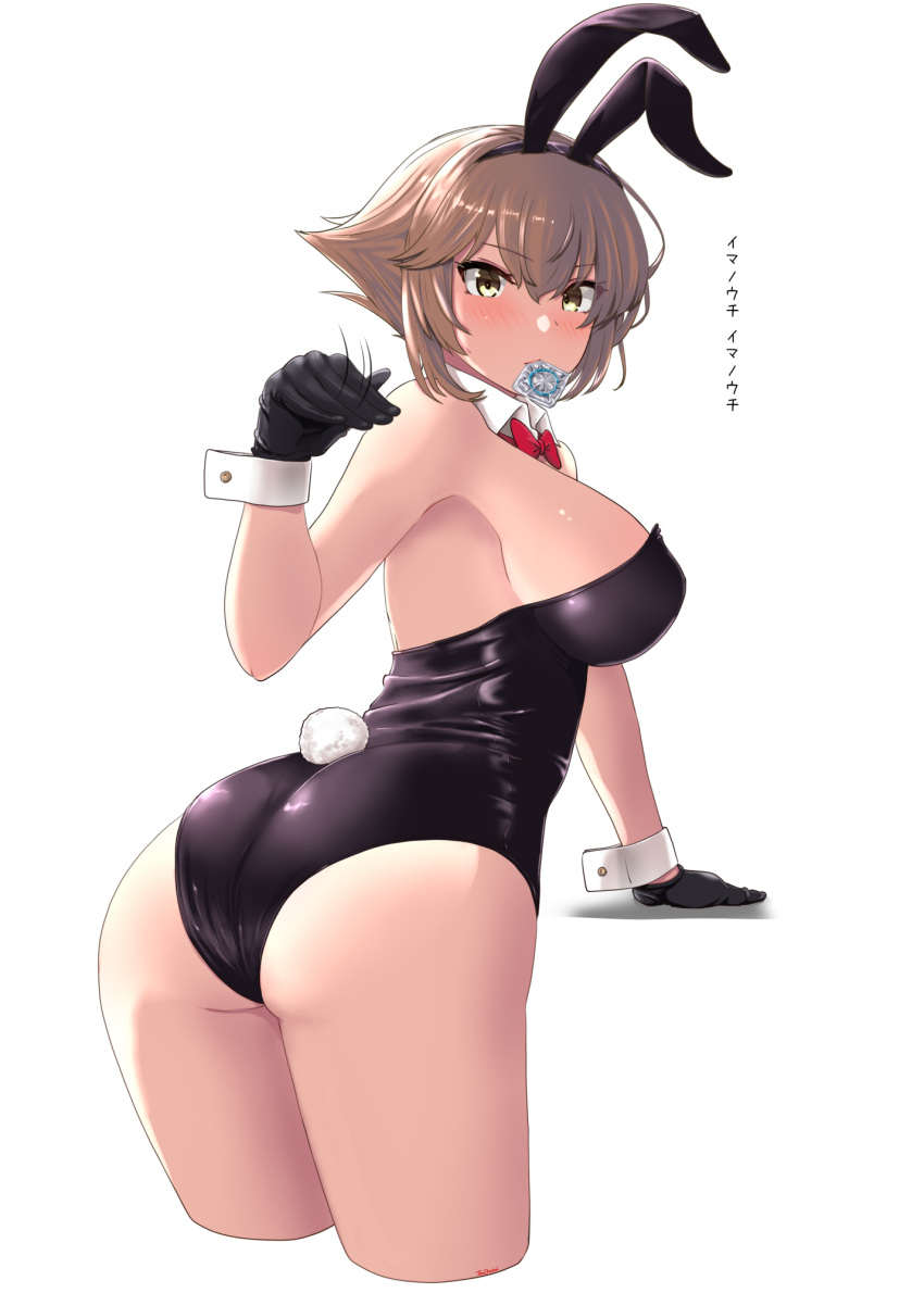 1girl animal_ears ass black_gloves black_leotard blush breasts brown_hair cowboy_shot cropped_legs detached_collar fake_animal_ears fake_tail gloves green_eyes hair_between_eyes highres jouzaburou_(joe3) kantai_collection large_breasts leotard looking_at_viewer mouth_hold mutsu_(kancolle) rabbit_ears rabbit_tail short_hair simple_background solo strapless strapless_leotard tail translation_request white_background wrist_cuffs