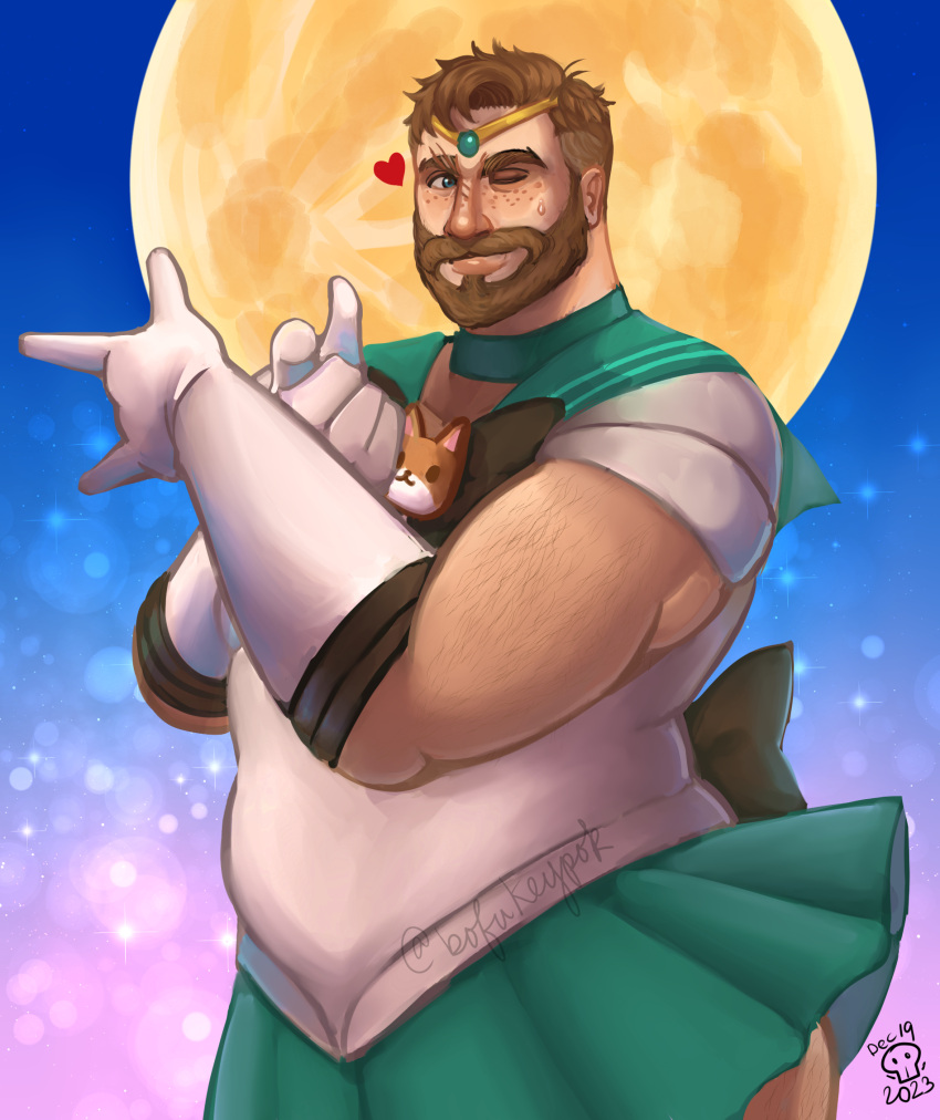 1boy animal_print arm_hair bara beard bofukeypok brown_hair cat_print choker coral_island cosplay cowboy_shot facial_hair full_beard full_moon gloves green_choker green_sailor_collar green_skirt highres leg_hair looking_at_viewer magical_boy male_focus mark_(coral_island) moon moon_background muscular muscular_male one_eye_closed sailor_collar sailor_jupiter sailor_jupiter_(cosplay) sailor_senshi_uniform short_hair skirt smile solo sweatdrop thick_beard white_gloves wind wink_heart