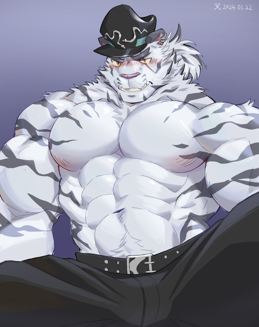 1boy abs absurdres animal_ears bara black_headwear black_pants blush cha_shao_bao_du dated dislyte ear_piercing english_commentary fangs furry furry_male highres jin_qiu_(ru_shou)_(dislyte) looking_at_viewer male_focus muscular muscular_male pants pectorals piercing ponytail scar scar_across_eye tiger_boy tiger_ears tiger_stripes topless_male yellow_eyes