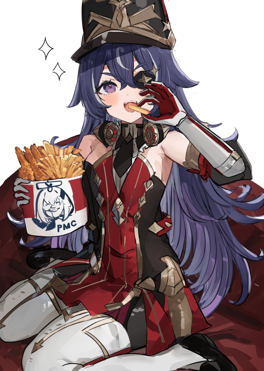 1girl :d bare_shoulders black_dress black_headwear black_necktie boots chevreuse_(genshin_impact) commentary_request detached_collar detached_sleeves dress earmuffs earmuffs_around_neck eyepatch food french_fries fried_chicken genshin_impact gloves gold_trim hat highres holding holding_food kfc long_hair looking_at_viewer multicolored_hair necktie no_mole open_mouth paimon_(genshin_impact) pointy_hair puffy_sleeves purple_eyes purple_hair red_dress shako_cap short_dress simple_background sitting smile solo strapless strapless_dress streaked_hair the_olphy thigh_boots two-tone_dress two-tone_hair very_long_hair wariza white_background white_footwear white_gloves white_hair
