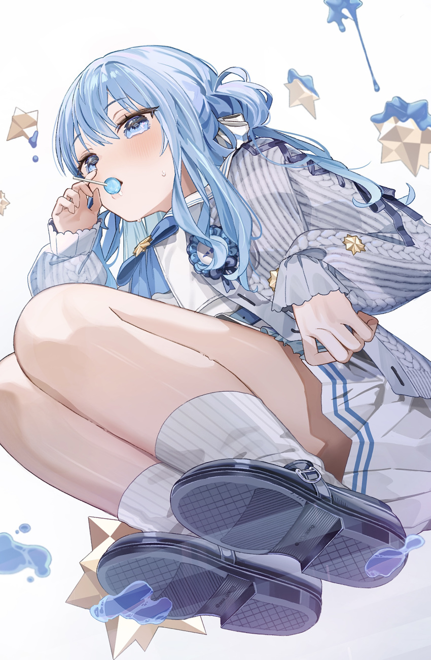1girl absurdres asa_going black_footwear blue_eyes blue_hair blush candy food highres hololive hoshimachi_suisei hoshimachi_suisei_(school_uniform) lollipop long_hair long_sleeves looking_at_viewer official_alternate_costume pleated_skirt ponytail shirt shoes sitting skirt socks solo sweat virtual_youtuber white_background white_shirt white_skirt white_socks