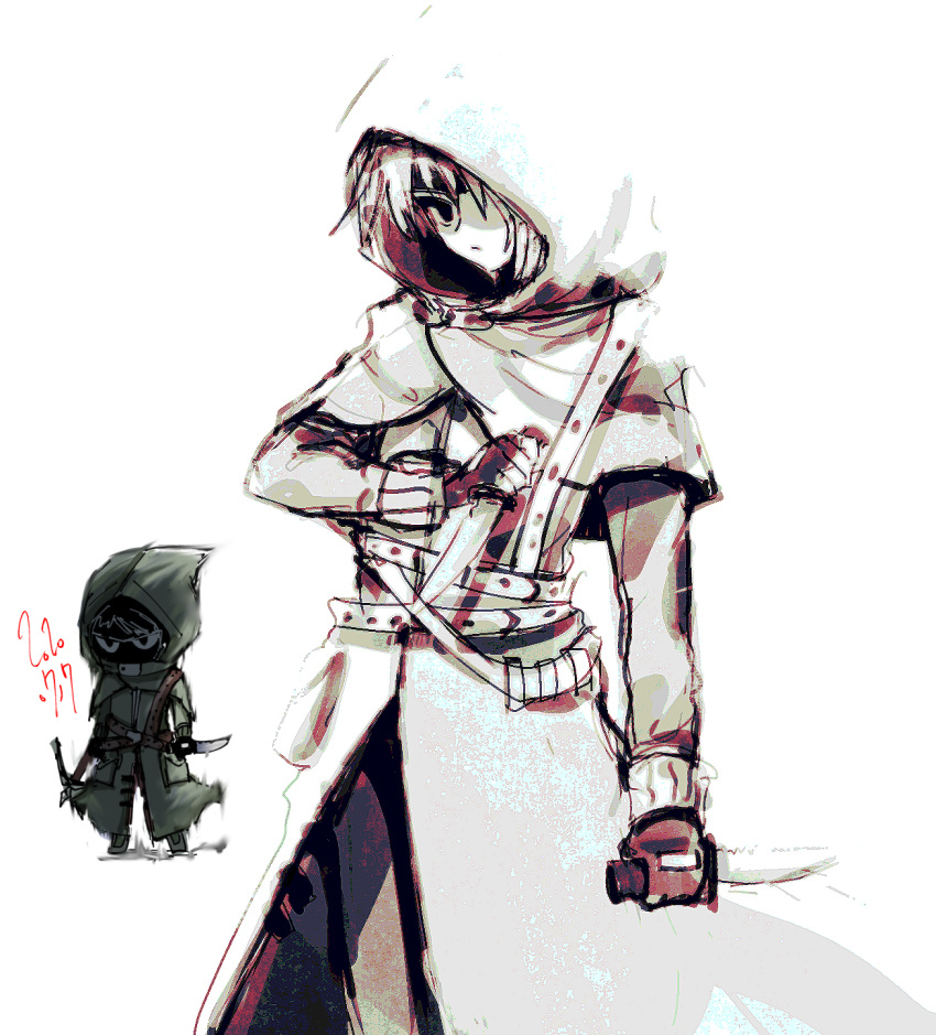 1other alternate_costume androgynous atoymk belt capelet chibi closed_mouth coat dagger dated highres holding holding_dagger holding_knife holding_weapon hood hood_up hooded_capelet knife kurohebi len'en long_sleeves multiple_belts multiple_views other_focus pants simple_background sketch weapon white_background