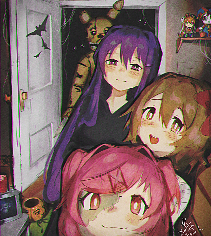3girls 3others absurdres animal_ears blazer bow brown_eyes brown_hair character_doll doki_doki_literature_club door english_commentary five_nights_at_freddy's glowing glowing_eyes hair_bow halloween highres jacket long_hair monika_(doki_doki_literature_club) multiple_girls multiple_others nyztsune open_mouth pink_hair pomni_(the_amazing_digital_circus) ponytail purple_eyes purple_hair rabbit_ears red_bow school_uniform short_hair silk smile spider_web springtrap television the_amazing_digital_circus vhs_artifacts white_bow zombie_costume
