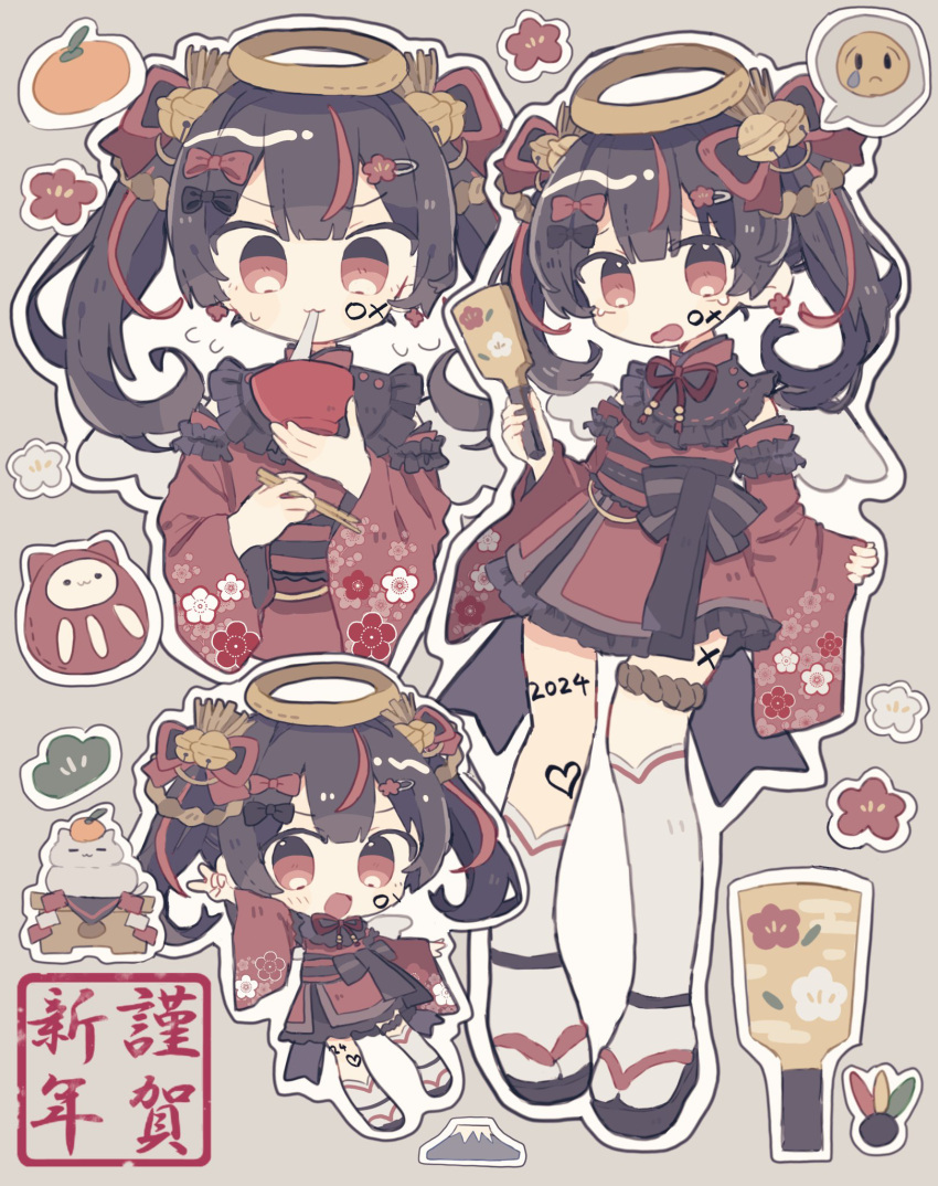 1girl 2024 asymmetrical_legwear bell black_hair bowl chibi chopsticks commentary daruma_doll detached_sleeves english_commentary floral_print_kimono food fruit full_body grey_background hagoita hair_bell hair_ornament halo hane_(hanetsuki) highres holding holding_bowl holding_chopsticks holding_paddle japanese_clothes kanato345 kimono long_sleeves mandarin_orange mismatched_legwear mochi mount_fuji multicolored_hair multiple_views nengajou new_year original outline paddle red_eyes red_hair red_kimono sandals simple_background socks spoken_emoji streaked_hair thighhighs twintails upper_body white_socks white_thighhighs wide_sleeves wings zouri