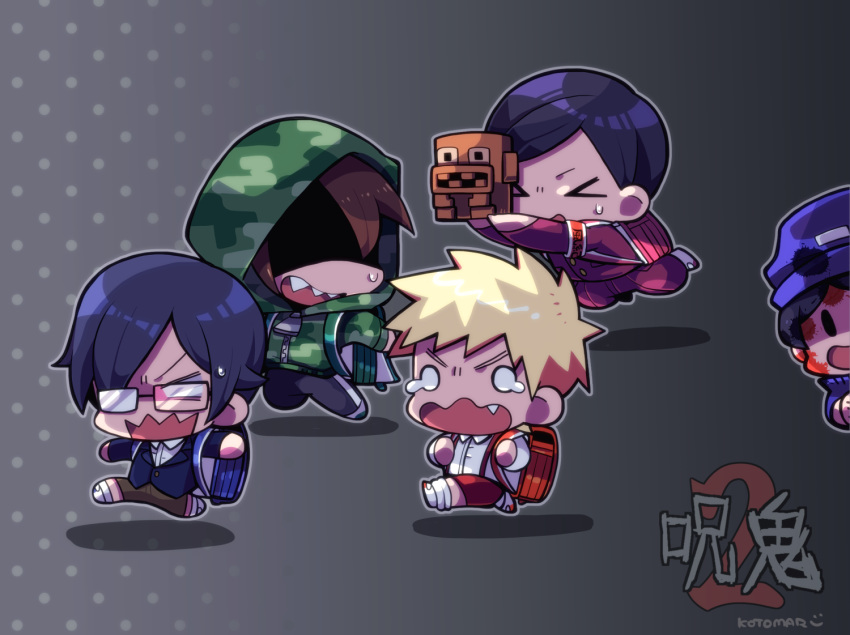 &gt;_&lt; 5boys backpack bag black_pants blonde_hair blood blood_on_face blue_bag border brown_pants camouflage_hoodie chibi chibi_only fang full_body glasses green_hoodie grey_border grey_hair hitoranran holding hood hoodie koneshima kotorai male_focus marumaru_no_shuyaku_wa_wareware_da! multiple_boys no_nose open_mouth pants peeking_out purple_headwear red_shorts running scared shadow sharp_teeth shirt shoppi short_hair shorts shrine signature socks solid_oval_eyes spiked_hair statue sweatdrop tears teeth utsu-sensei wavy_mouth white_shirt white_socks zipper_pull_tab zom