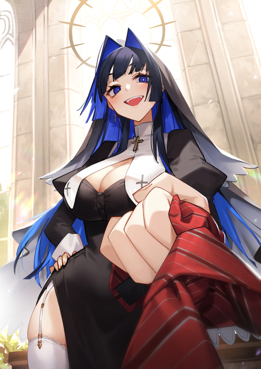 1girl adarin black_dress blue_eyes blue_hair blush breast_curtains breasts church cleavage cross cross_necklace dress garter_straps habit highres hololive hololive_english jewelry large_breasts long_hair long_sleeves looking_at_viewer multicolored_hair necklace nun official_alternate_hair_length official_alternate_hairstyle open_mouth ouro_kronii smile solo virtual_youtuber