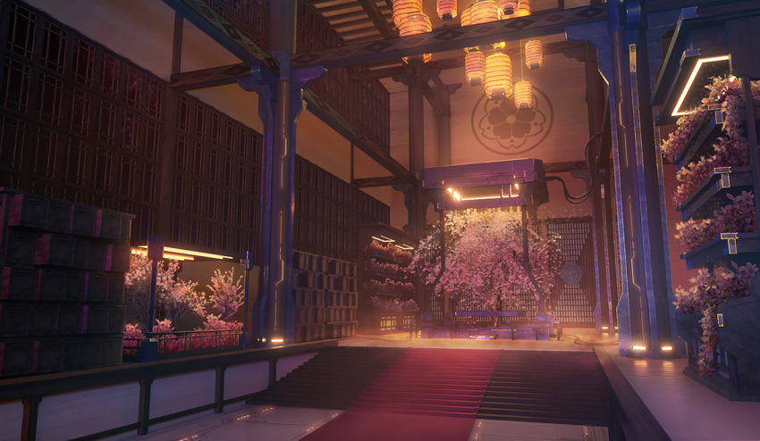 architecture cable ceiling_light cherry_blossoms cookie_s drawer east_asian_architecture emblem flower indoors lantern no_humans original paper_lantern pillar pink_flower red_carpet scenery science_fiction shelf stairs tree