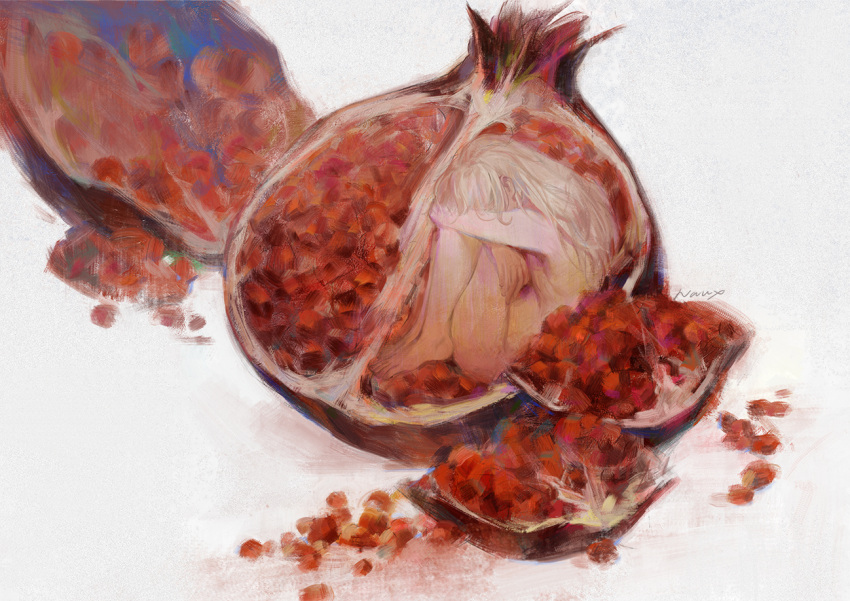 1boy barefoot berserk completely_nude fetal_position food fruit griffith_(berserk) in_food long_hair lying male_focus mini_person miniboy naux nude on_side oversized_food oversized_object pomegranate red_theme sad seed signature simple_background solo white_background white_hair