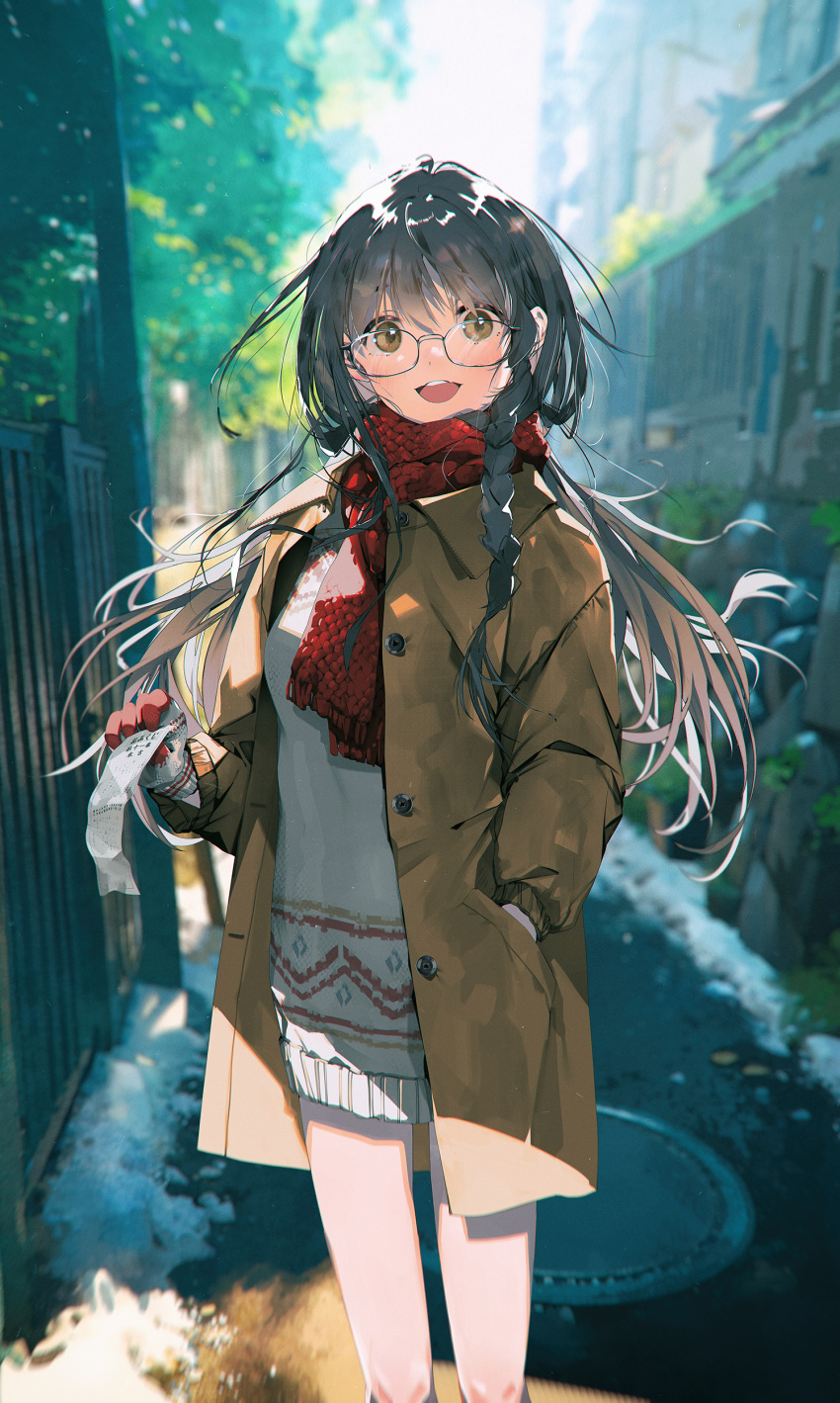 1girl absurdres black_hair blurry blurry_background braid brown_coat brown_eyes building coat dress feet_out_of_frame fence glasses grey_sweater hand_in_pocket highres holding holding_paper long_hair looking_at_viewer manhole_cover open_mouth original paper red_scarf scarf shade shiomi_(lowrise) side_braid single_braid solo sweater sweater_dress teeth tree upper_teeth_only